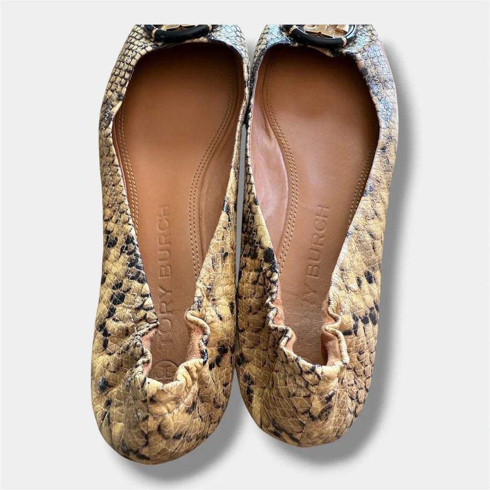 Tory Burch Reva‎ Ballet Flats Women 10M Tan Snakeskin Embossed Leather Logo Good